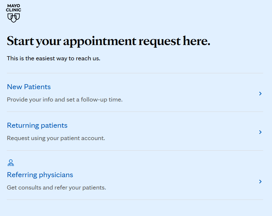 Mayo Clinic "Request an Appointment"